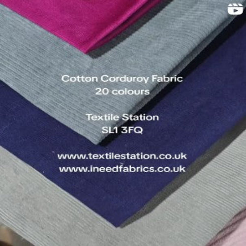 Cotton corduroy fabric swatches in gray, purple, and blue with promotional text.