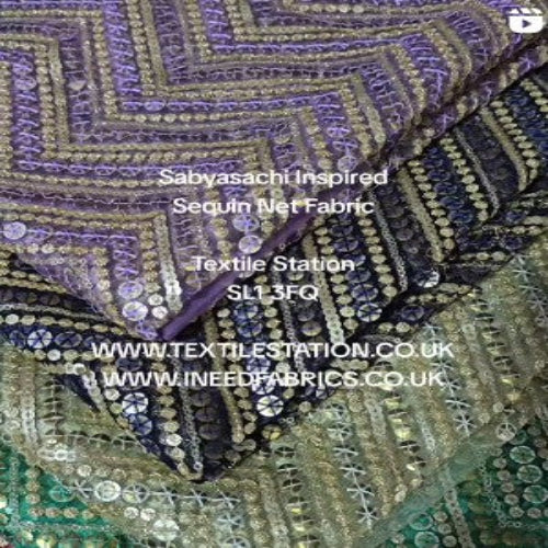 Sabyasachi Inspired Sequin Net Fabric with brand and product details.