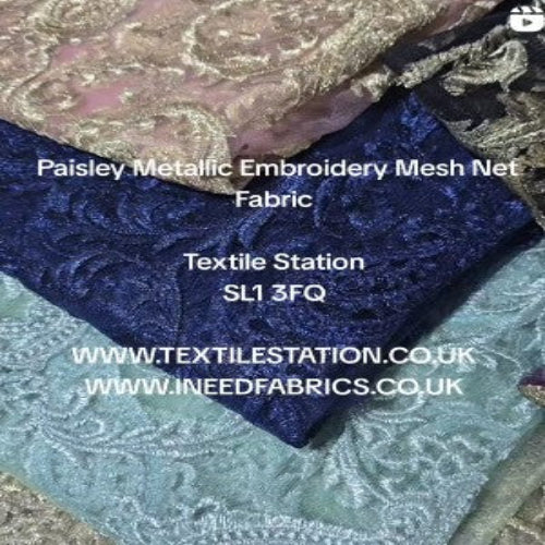 Textile fabric with paisley metallic embroidery mesh net design, displayed on a flat surface.