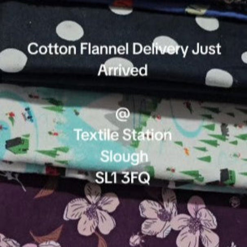 Stack of cotton flannel fabrics with various patterns and a text overlay about delivery from Textile Station Slough.