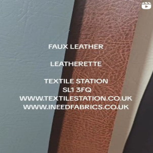 Textile sample with 'Faux Leather' and 'Leatherette' text, showing texture differences.