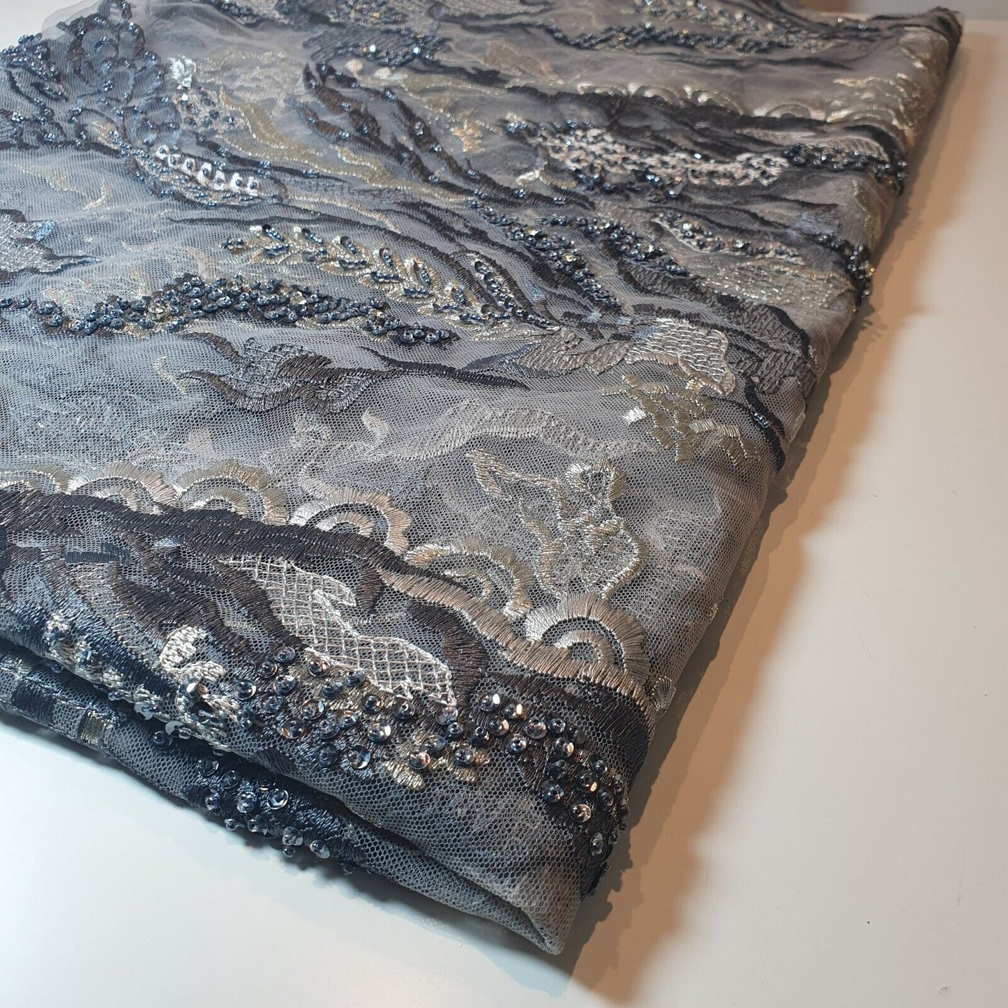 Premium Mesh Net Fabric – 58" Wide Floral Diamante Embroidery Dress & Craft Material