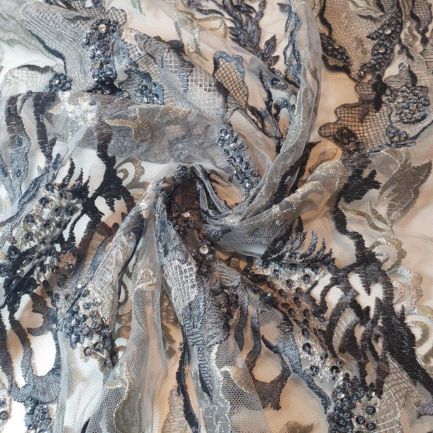 Premium Mesh Net Fabric – 58" Wide Floral Diamante Embroidery Dress & Craft Material