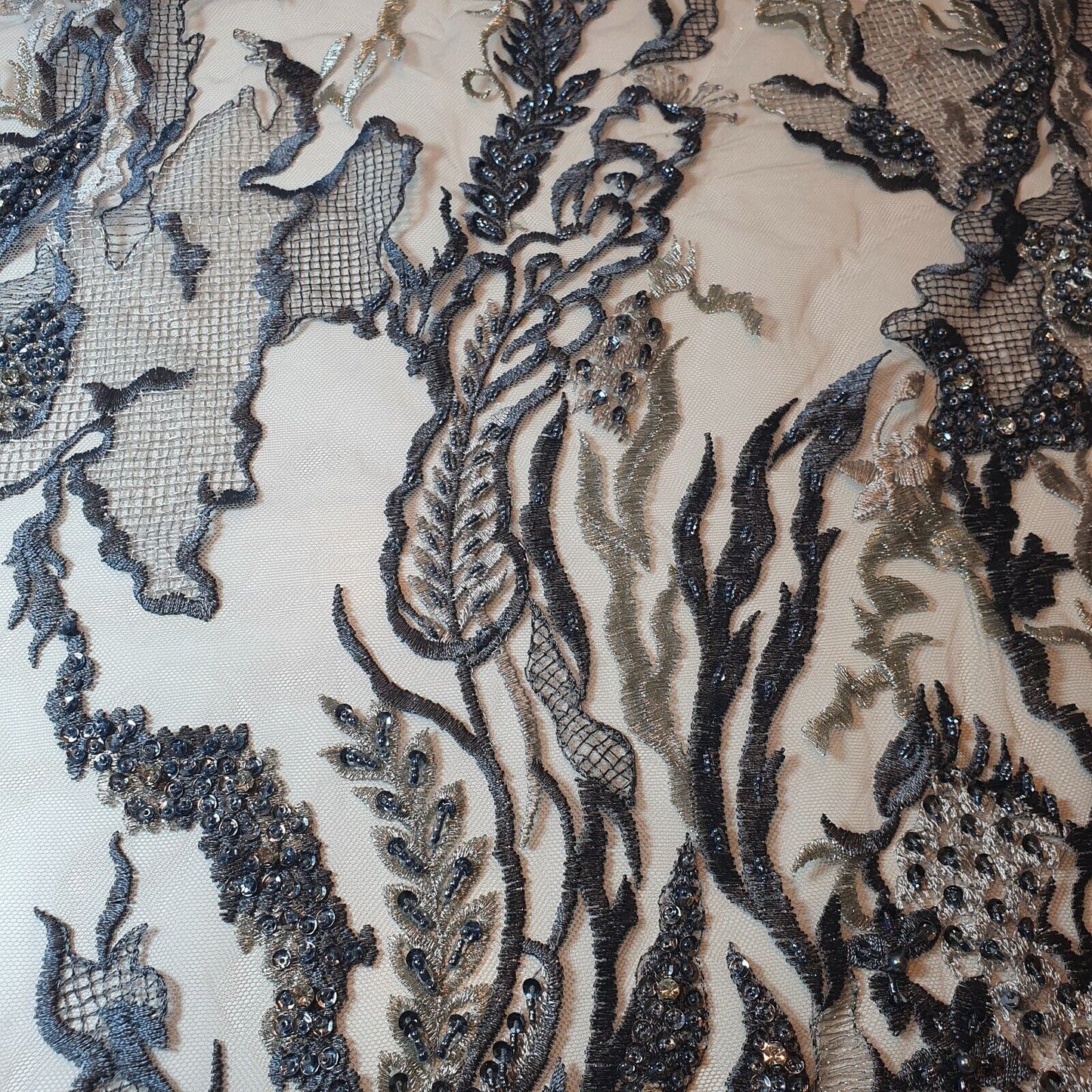 Premium Mesh Net Fabric – 58" Wide Floral Diamante Embroidery Dress & Craft Material