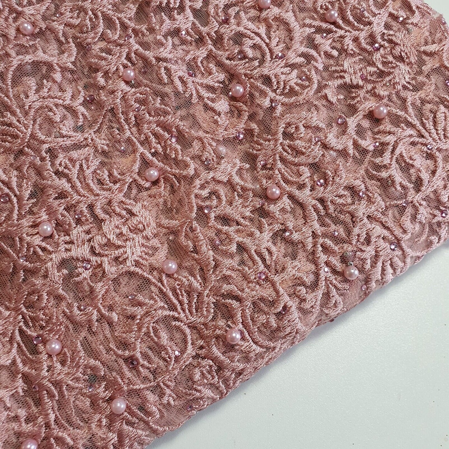 Premium Mesh Net Fabric – 58" Wide with Thread Floral Embroidery & Self-Color Pearls for Dress & Craft