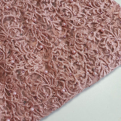 Premium Mesh Net Fabric – 58" Wide with Thread Floral Embroidery & Self-Color Pearls for Dress & Craft
