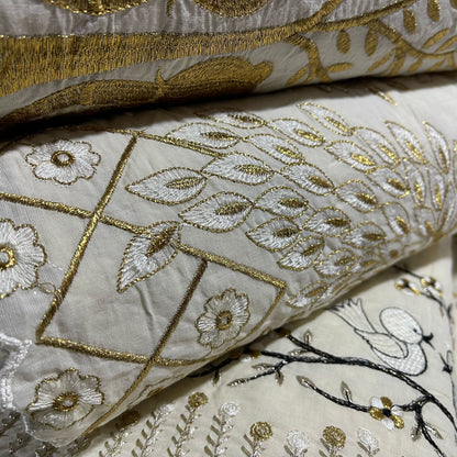 Cotton Embroidery Fabric Floral Golden Zari Metallic Dress Craft Material 44"