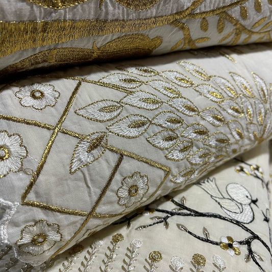 Cotton Embroidery Fabric Floral Golden Zari Metallic Dress Craft Material 44"