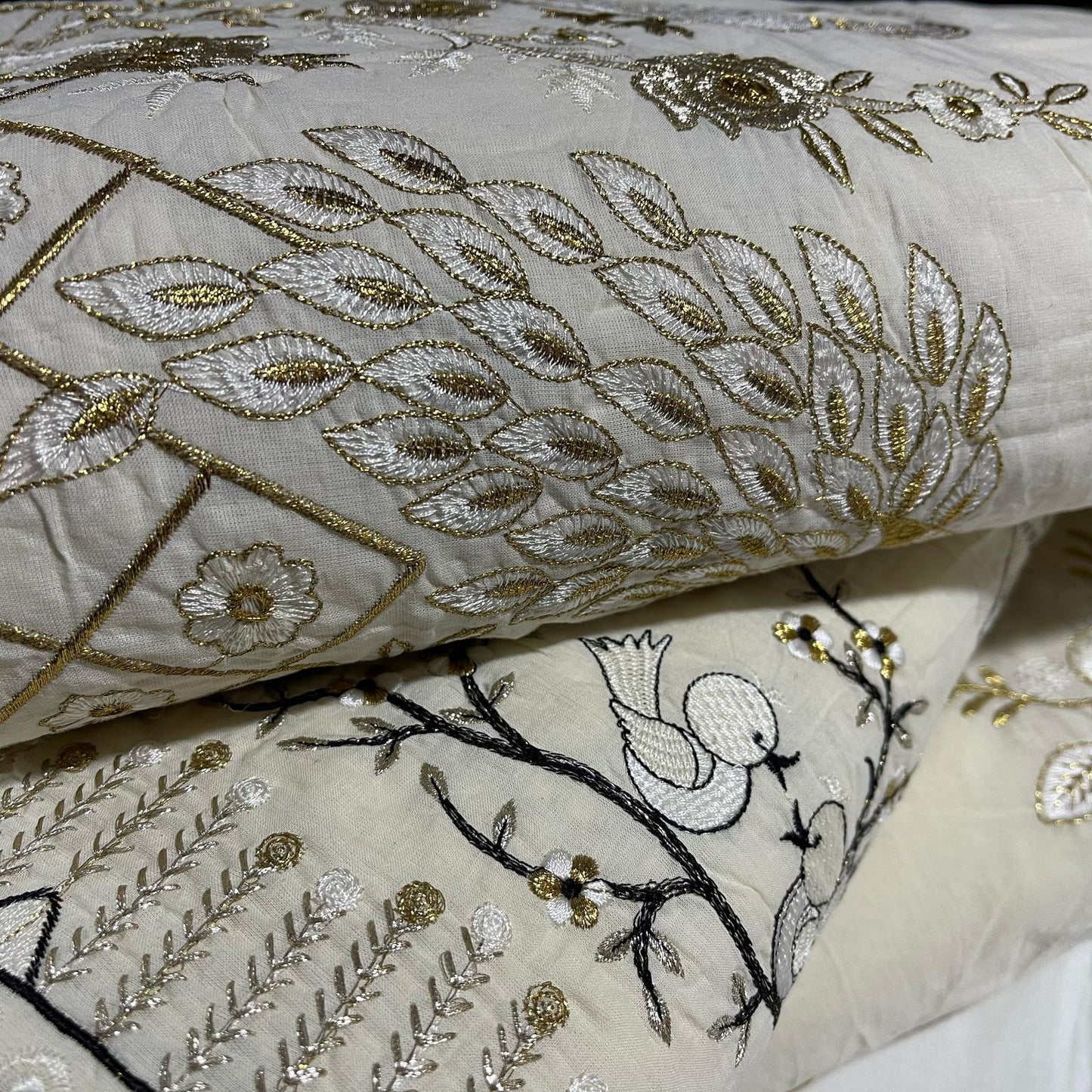 Cotton Embroidery Fabric Floral Golden Zari Metallic Dress Craft Material 44"