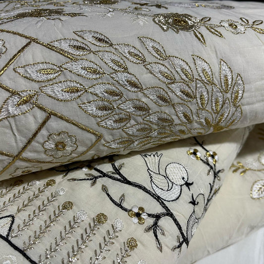 Cotton Embroidery Fabric Floral Golden Zari Metallic Dress Craft Material 44"
