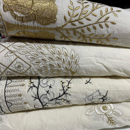Cotton Embroidery Fabric Floral Golden Zari Metallic Dress Craft Material 44"