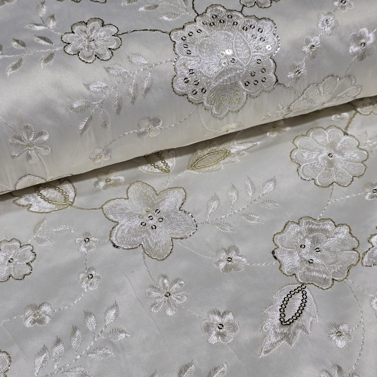 White Floral Embroidered Silk Fabric with Sequin Work 44" (112cm) Wide – Luxury Designer Dress Material by the Metre