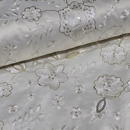 White Floral Embroidered Silk Fabric with Sequin Work 44" (112cm) Wide – Luxury Designer Dress Material by the Metre