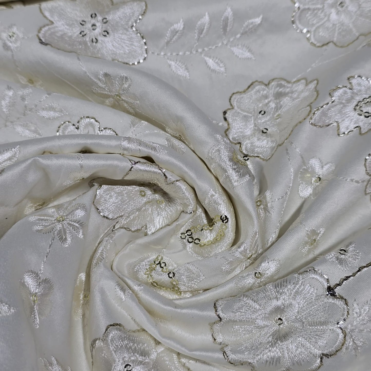 White Floral Embroidered Silk Fabric with Sequin Work 44" (112cm) Wide – Luxury Designer Dress Material by the Metre