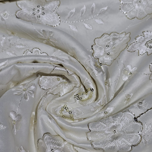 White Floral Embroidered Silk Fabric with Sequin Work 44" (112cm) Wide – Luxury Designer Dress Material by the Metre