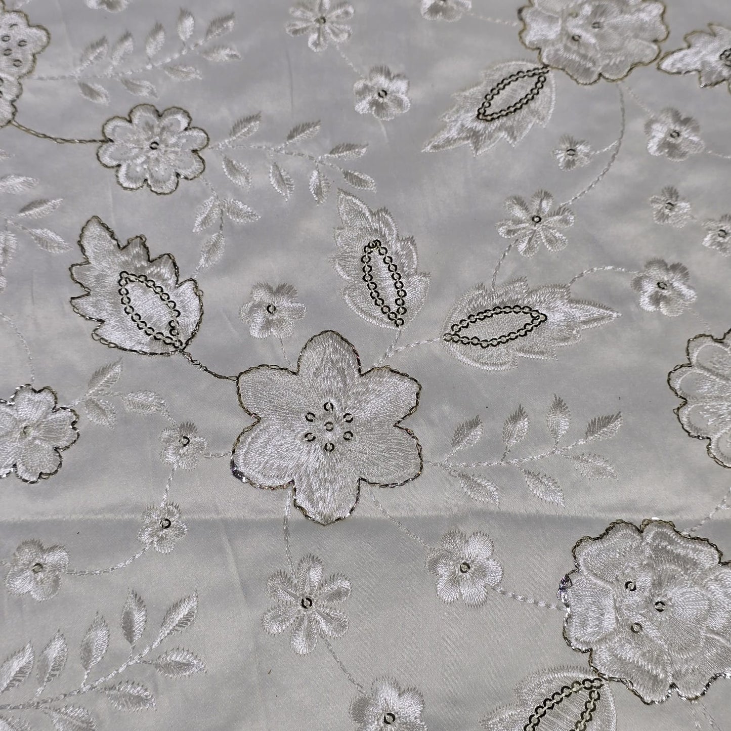 White Floral Embroidered Silk Fabric with Sequin Work 44" (112cm) Wide – Luxury Designer Dress Material by the Metre