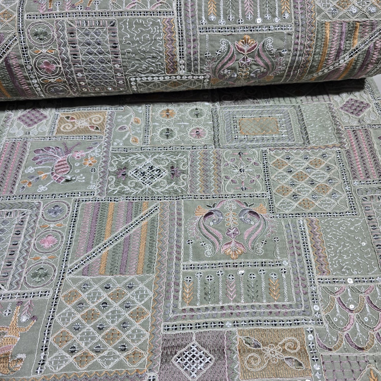 Premium Designer Embroidered Silk Fabric 44" (112cm) Wide – Luxury Dress Material by the Metre