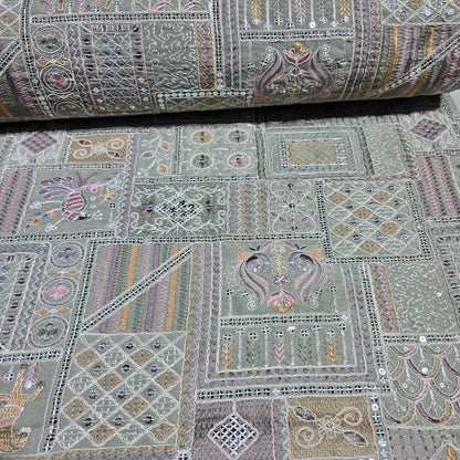Premium Designer Embroidered Silk Fabric 44" (112cm) Wide – Luxury Dress Material by the Metre