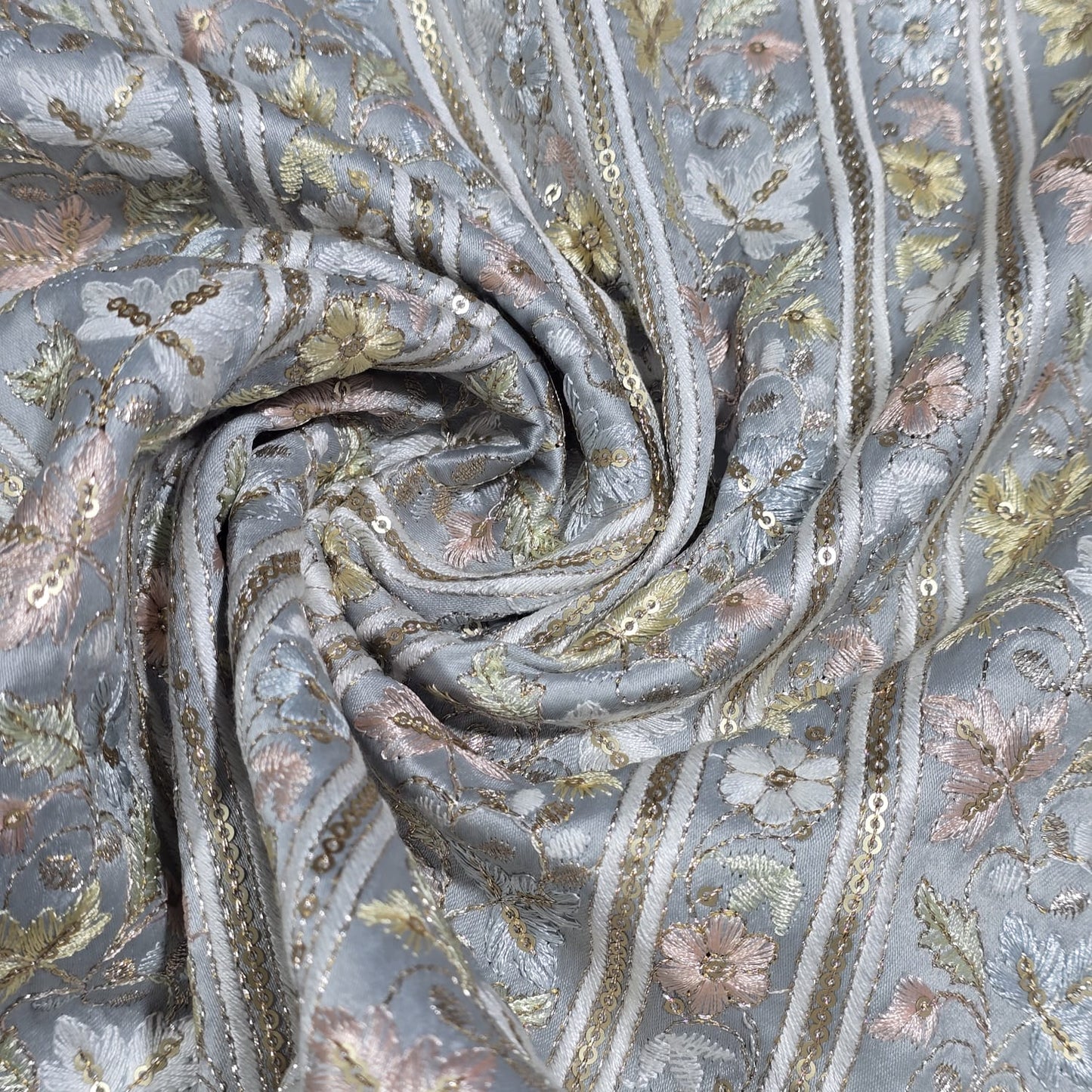 Premium Designer Embroidered Silk Fabric 44" (112cm) Wide – Luxury Dress Material by the Metre