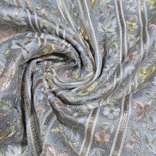Premium Designer Embroidered Silk Fabric 44" (112cm) Wide – Luxury Dress Material by the Metre