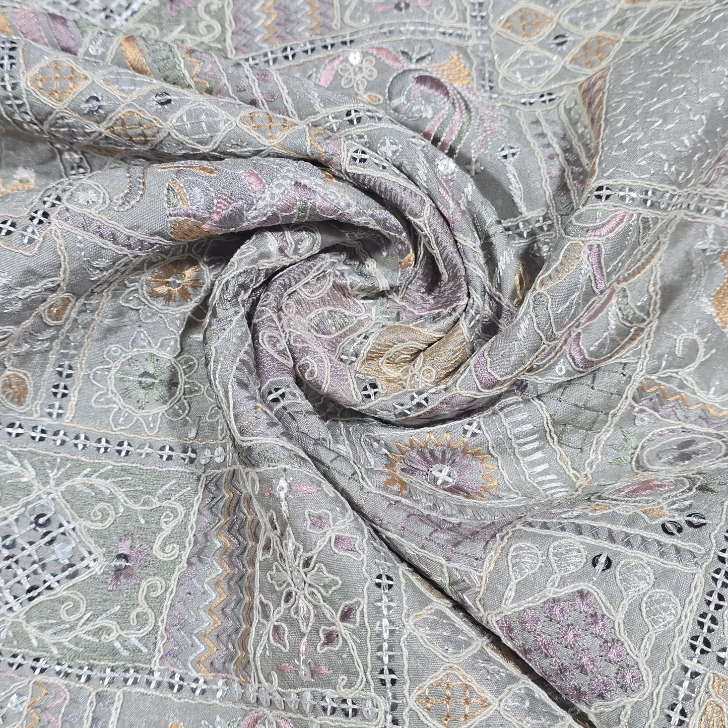 Premium Designer Embroidered Silk Fabric 44" (112cm) Wide – Luxury Dress Material by the Metre