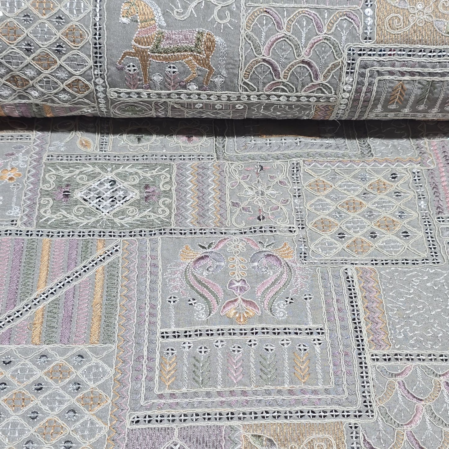 Premium Designer Embroidered Silk Fabric 44" (112cm) Wide – Luxury Dress Material by the Metre