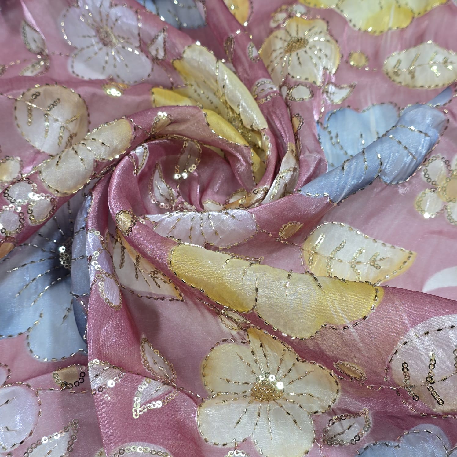 Luxury Floral Bead Embroidered Organza Fabric Wedding Saree Dress Making Craft Material 44