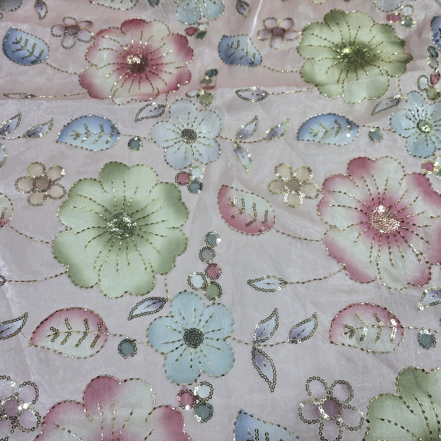Luxury Floral Bead Embroidered Organza Fabric Wedding Saree Dress Making Craft Material 44