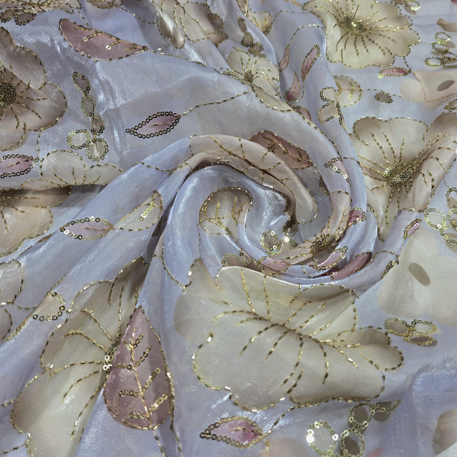 Luxury Floral Bead Embroidered Organza Fabric Wedding Saree Dress Making Craft Material 44