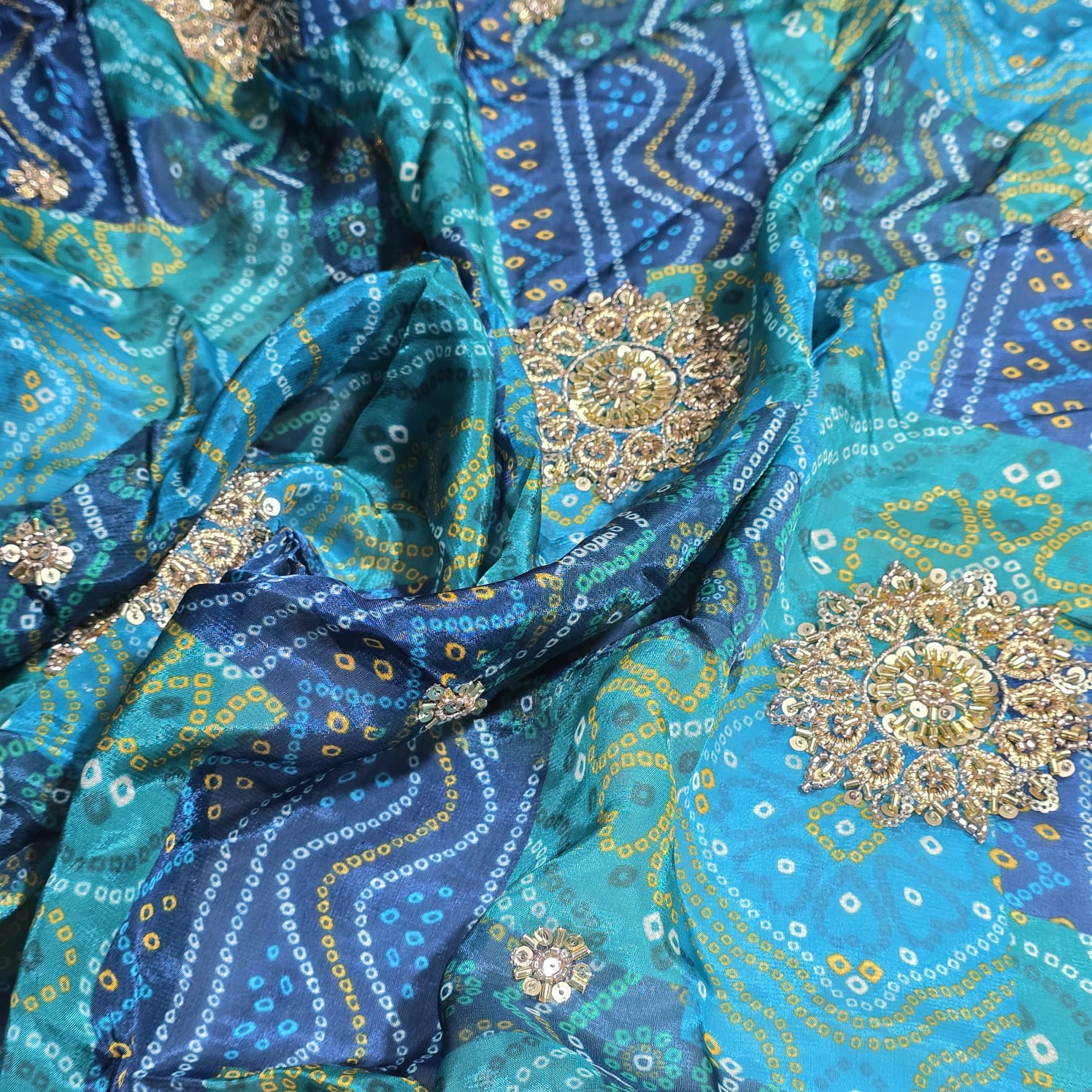 Embroidered Bandhani Organza Fabric Indian Dress Saree Craft Material 44