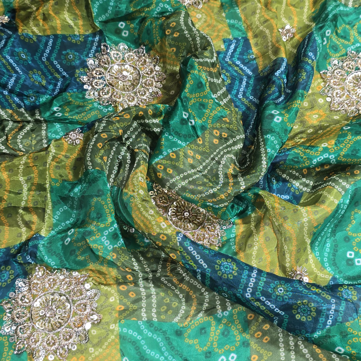 Embroidered Bandhani Organza Fabric Indian Dress Saree Craft Material 44