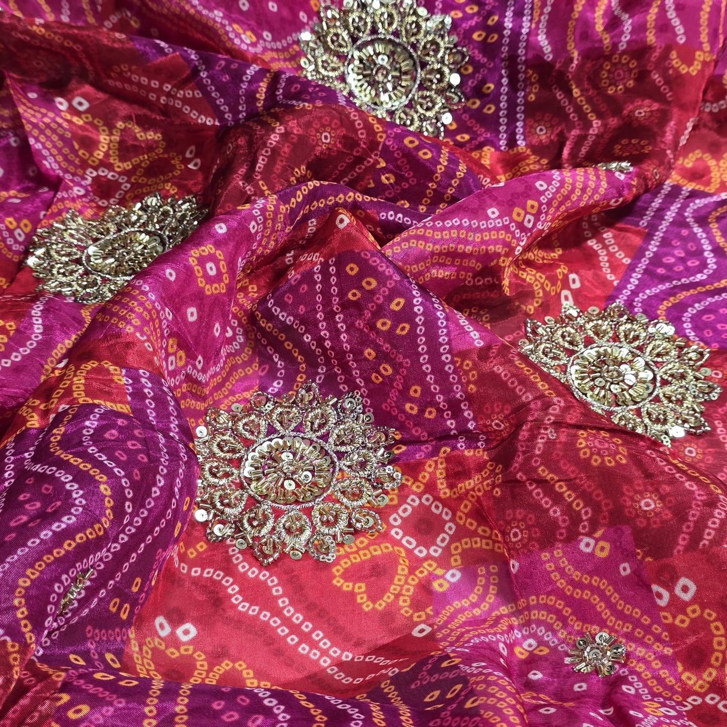 Embroidered Bandhani Organza Fabric Indian Dress Saree Craft Material 44" Wide Sold By The Meter
