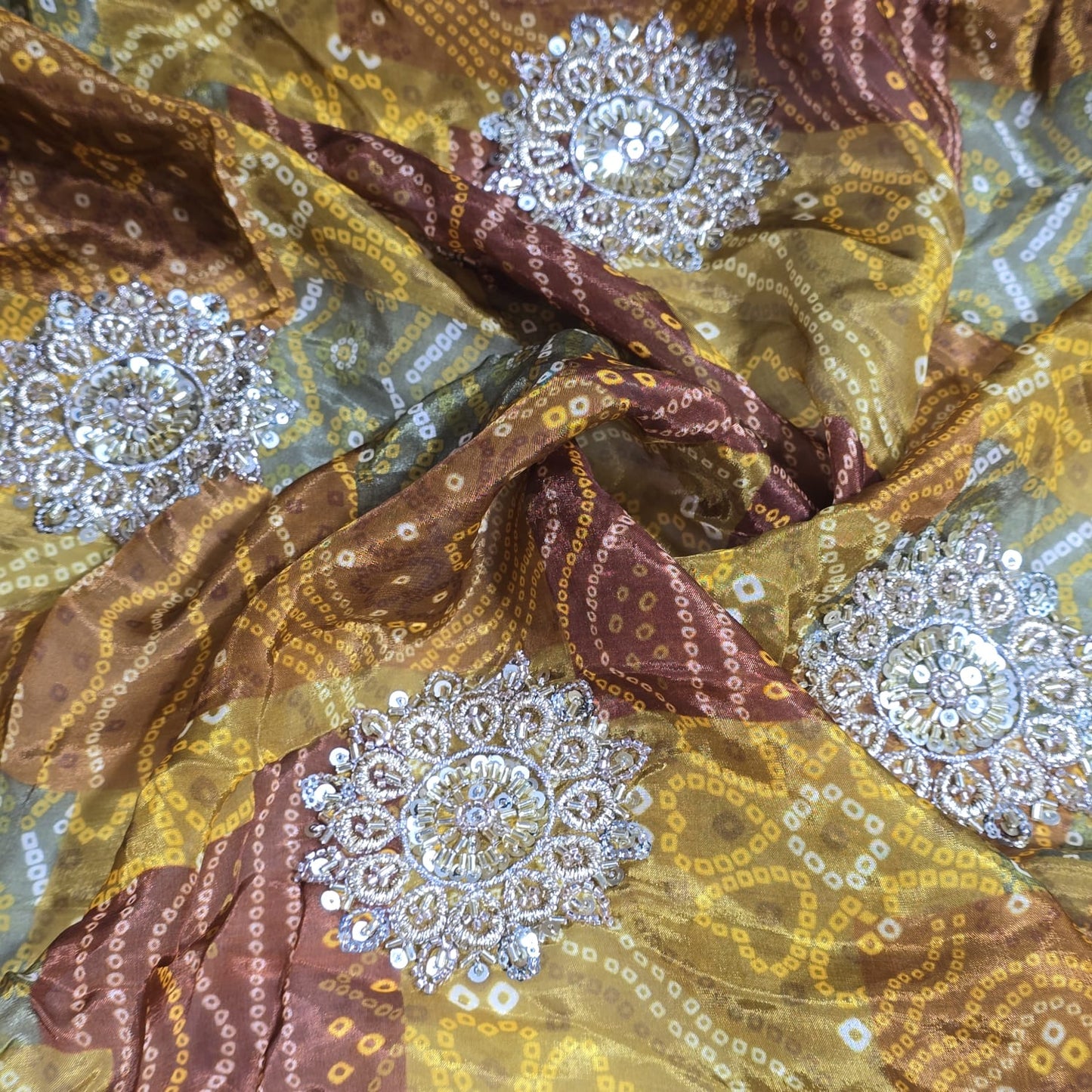 Embroidered Bandhani Organza Fabric Indian Dress Saree Craft Material 44" Wide Sold By The Meter