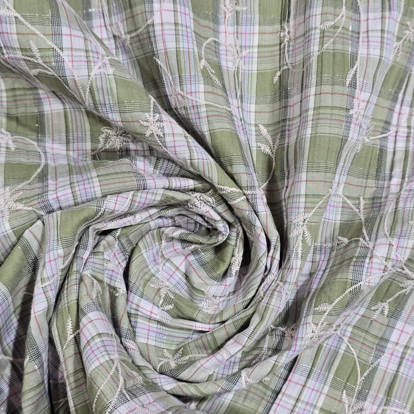 Olive Green Plaid Embroidery 100% Cotton Crush Fabric Crinkle Craft Dress Costume Material 50 " By The Meter