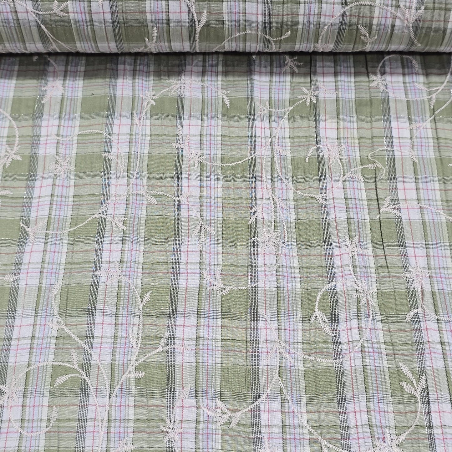 Olive Green Plaid Embroidery 100% Cotton Crush Fabric Crinkle Craft Dress Costume Material 50 " By The Meter