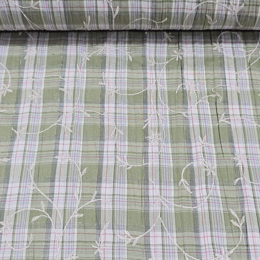 Olive Green Plaid Embroidery 100% Cotton Crush Fabric Crinkle Craft Dress Costume Material 50 " By The Meter