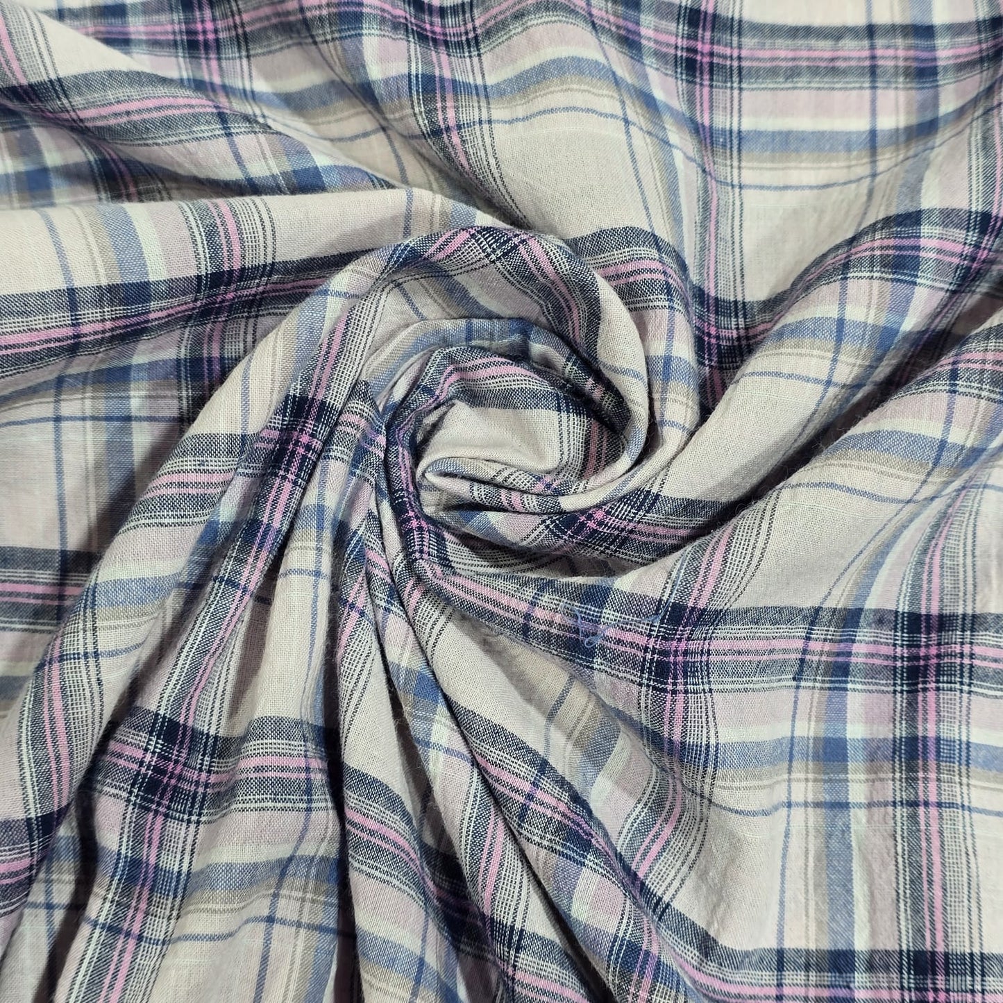 Pink Blue Tartan Check 100% Cotton Crush Fabric Crinkle Craft Dress Costume Material 50 " By The Meter