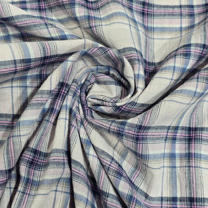 Pink Blue Tartan Check 100% Cotton Crush Fabric Crinkle Craft Dress Costume Material 50 " By The Meter