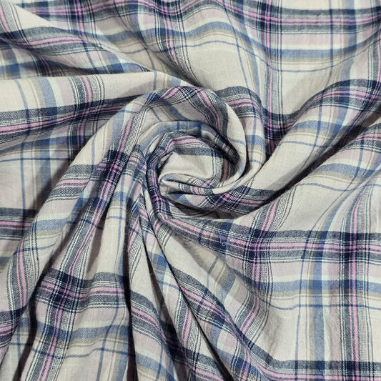 Pink Blue Tartan Check 100% Cotton Crush Fabric Crinkle Craft Dress Costume Material 50 " By The Meter