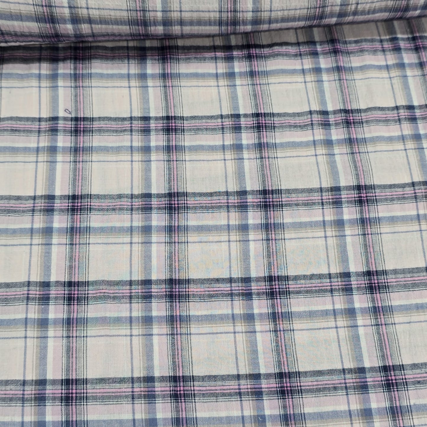 Pink Blue Tartan Check 100% Cotton Crush Fabric Crinkle Craft Dress Costume Material 50 " By The Meter