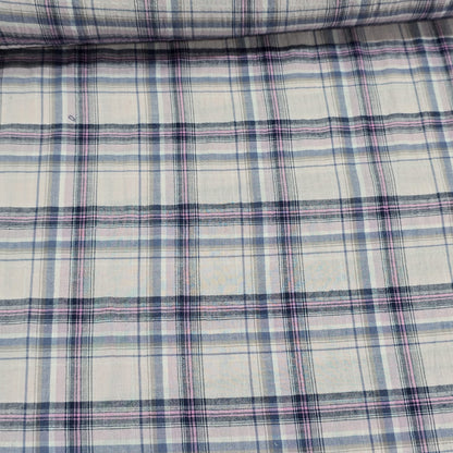 Pink Blue Tartan Check 100% Cotton Crush Fabric Crinkle Craft Dress Costume Material 50 " By The Meter
