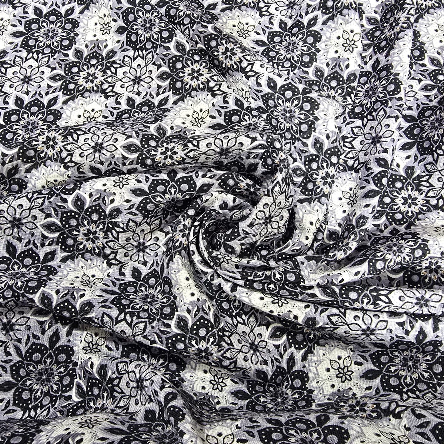 Navy Lilac Bohemian Floral Mandala Viscose Challis Fabric 58" By The Meter Soft Lightweight Material