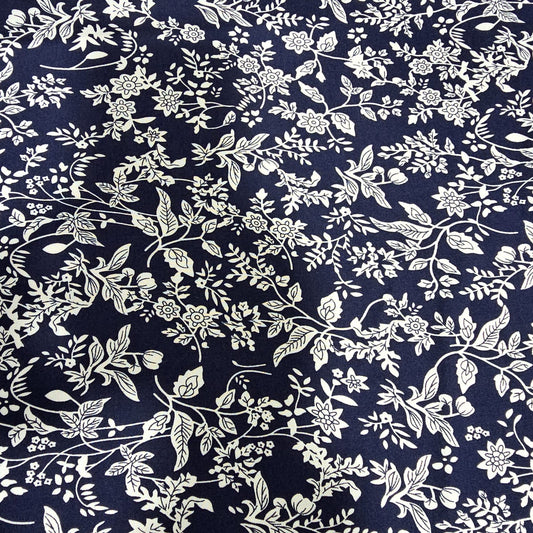 Navy Blue Botanical Vine Floral Viscose Challis Fabric 58" By The Meter Soft Lightweight Material