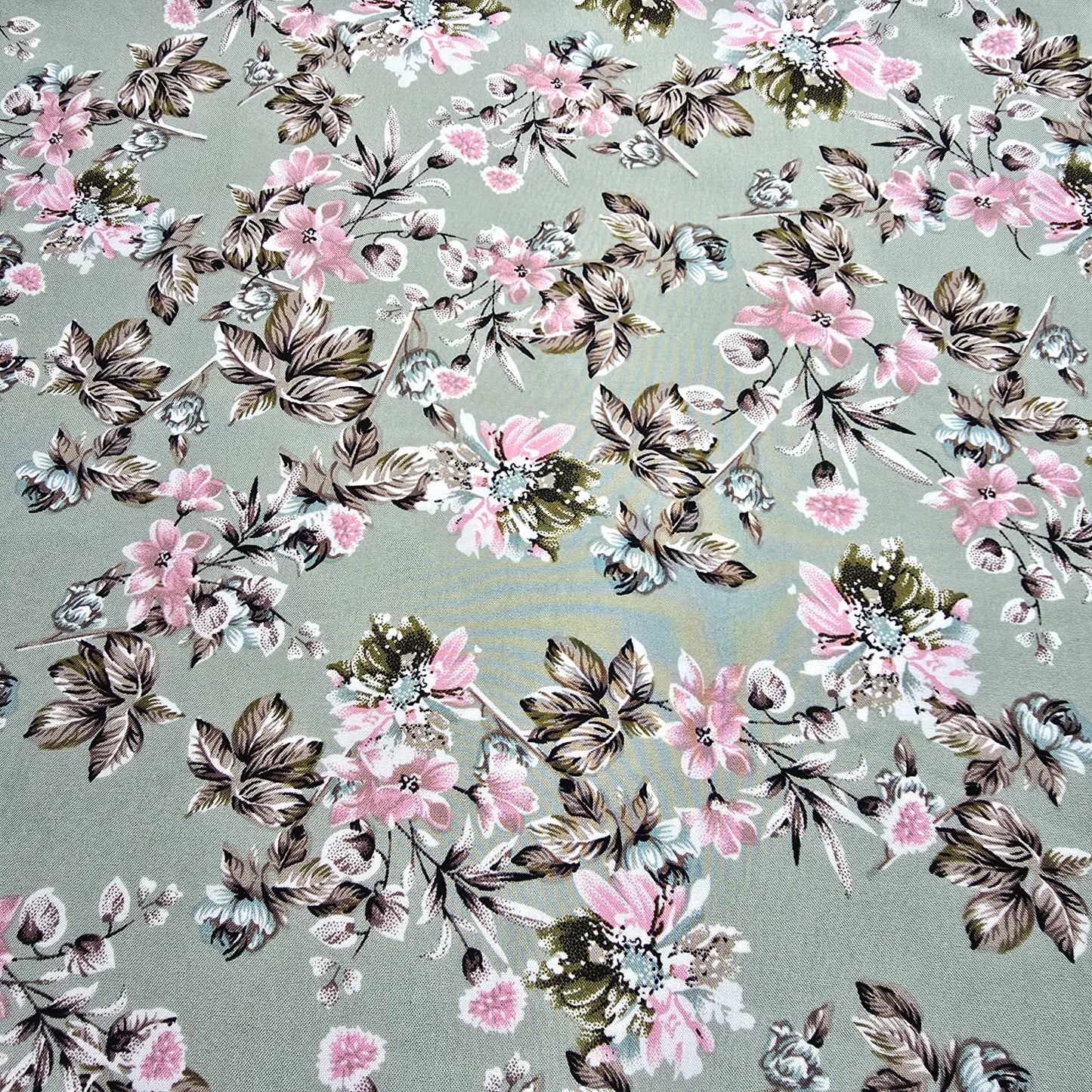 Sage Green Rose Garden Floral Mix & Match Viscose Challis Print & Plain Fabric 58" By The Meter – Soft Lightweight Fabric