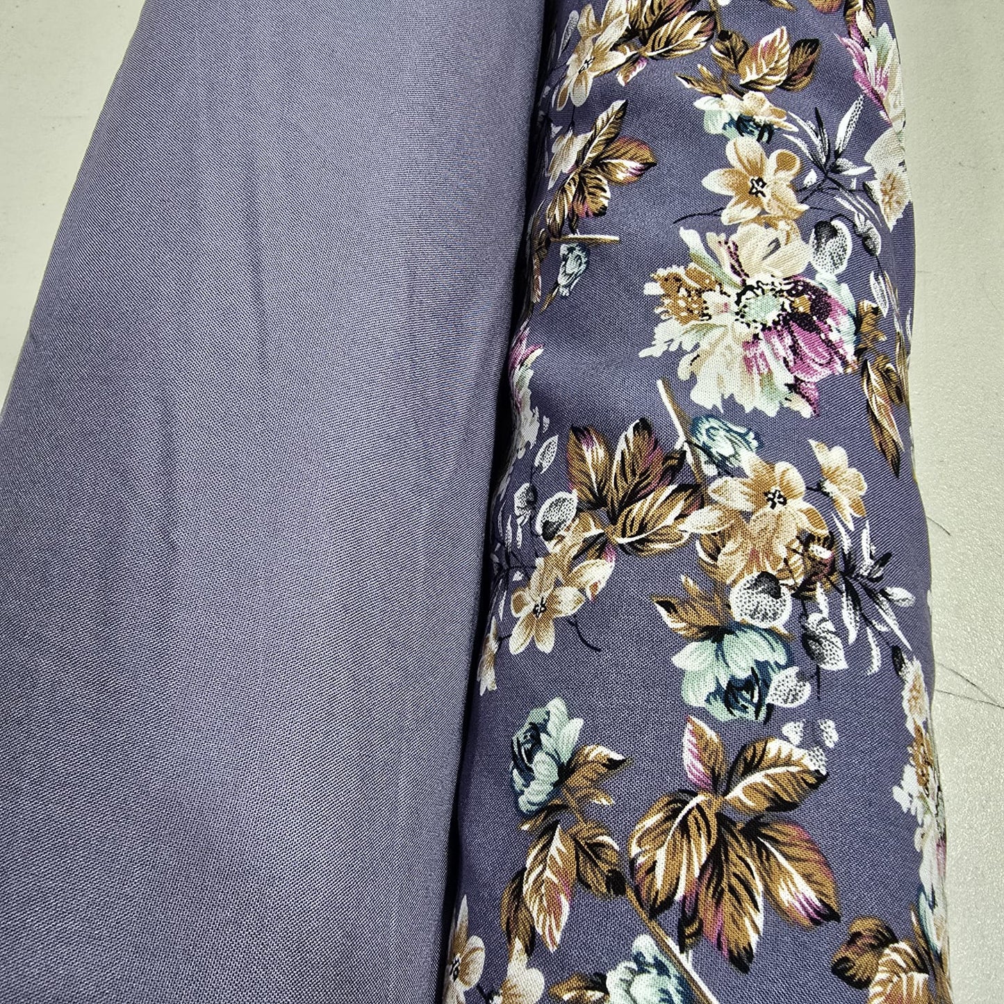 Lavender Rose Garden Floral Mix & Match Viscose Challis Print & Plain Fabric 58" By The Meter – Soft Lightweight Fabric