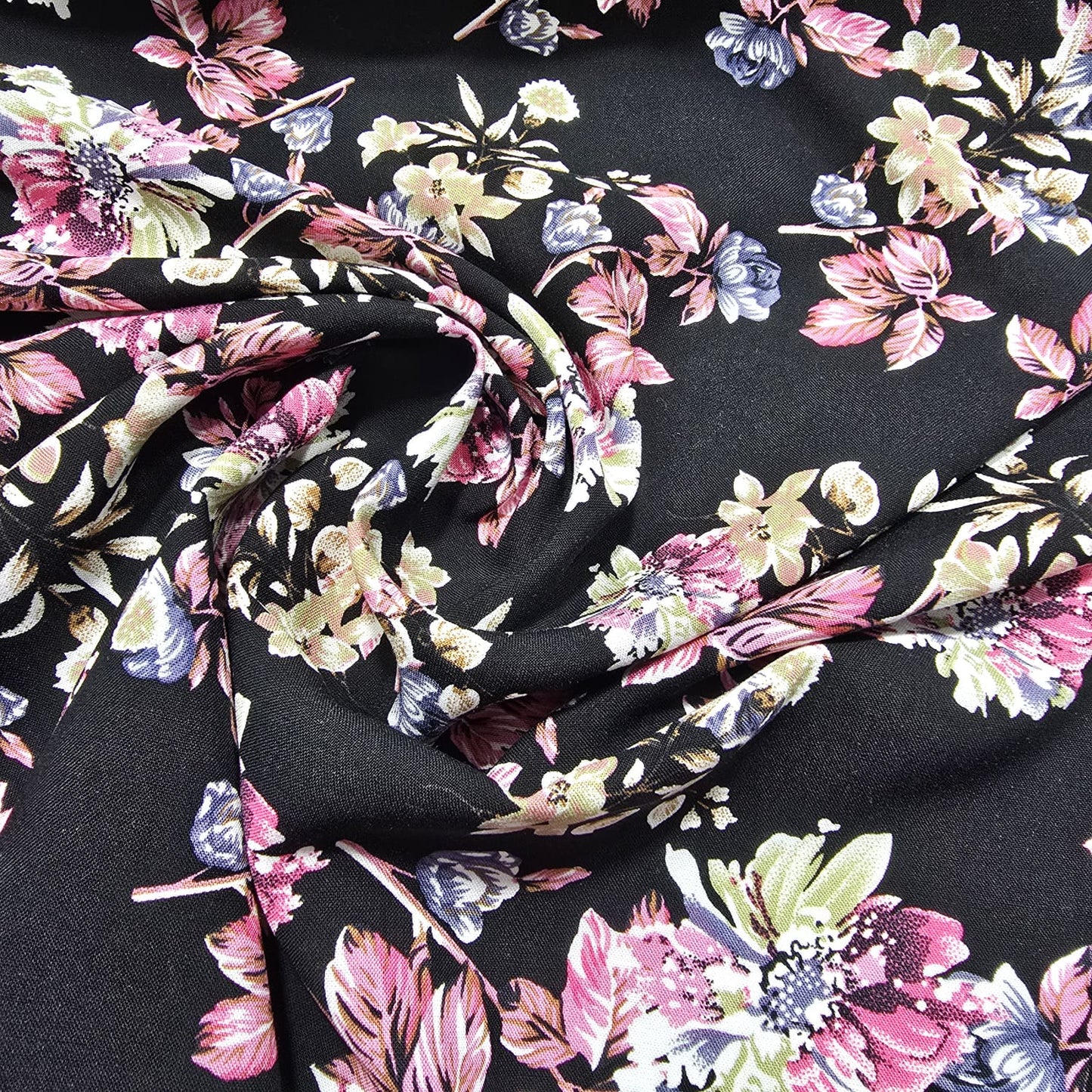 Black Rose Garden Floral Mix & Match Viscose Challis Print & Plain Fabric 58" By The Meter – Soft Lightweight Fabric