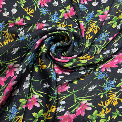 Yoryu Crinkle Satin Fabric 58" Wide Sold by the Metre | Polka Dot & Floral Dressmaking Fabric