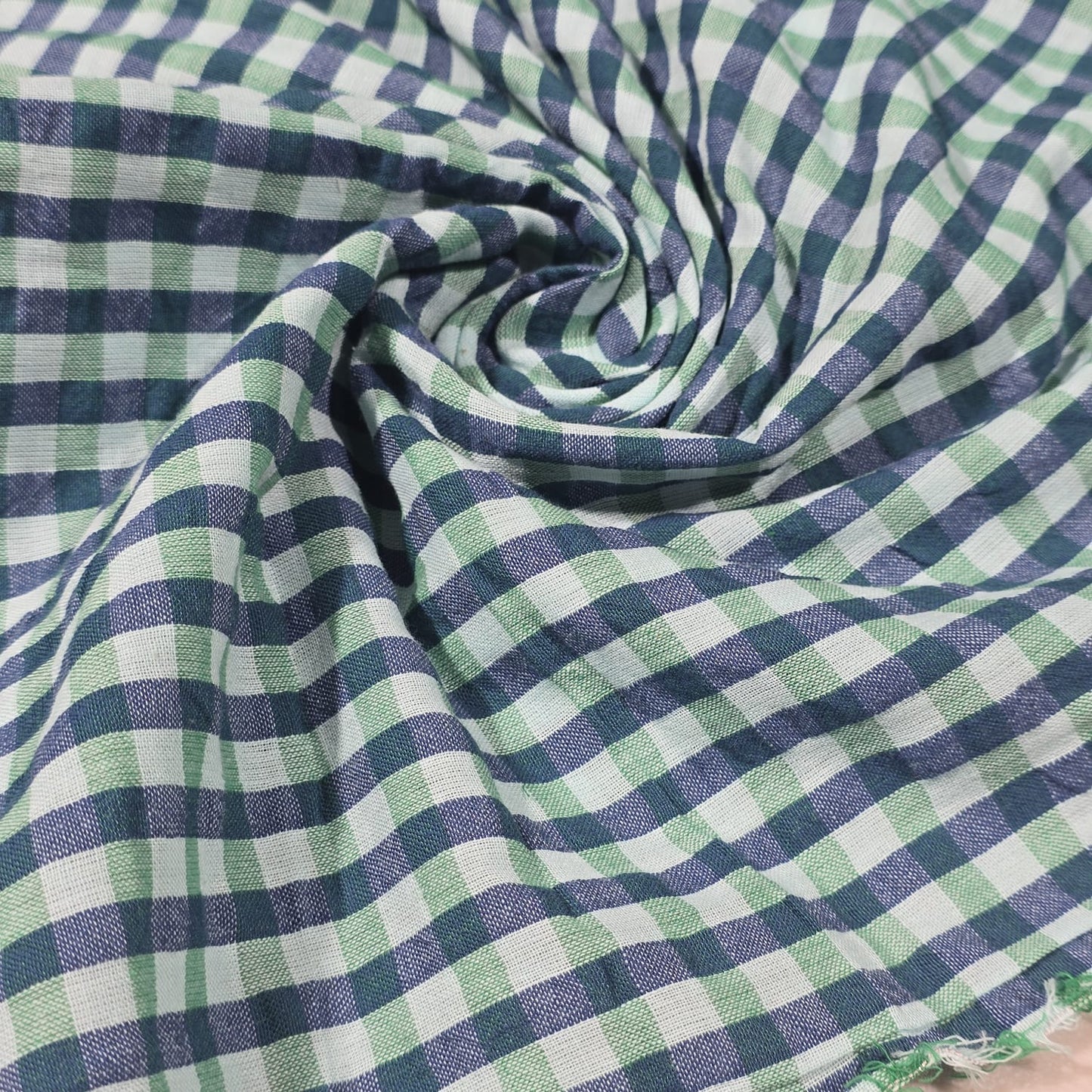 Green Blue Gingham 100% Cotton Seersucker Fabric Crush Costume Craft Dress Material 58" By The Meter
