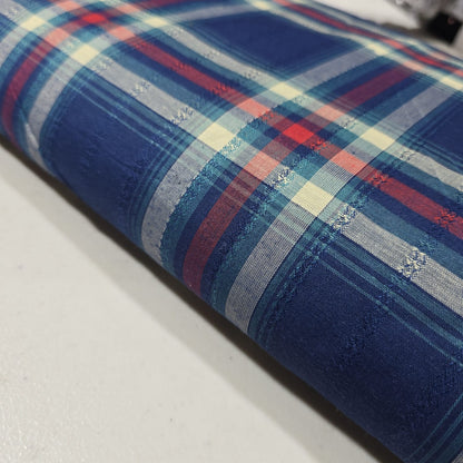 Royal Blue Madras Check Cotton Linen Fabric 36" Woven Plaid Dress By The Meter