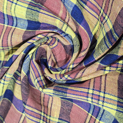 Mustard Brown Madras Check Cotton Linen Fabric 44" Plaid Dress Craft By The Meter